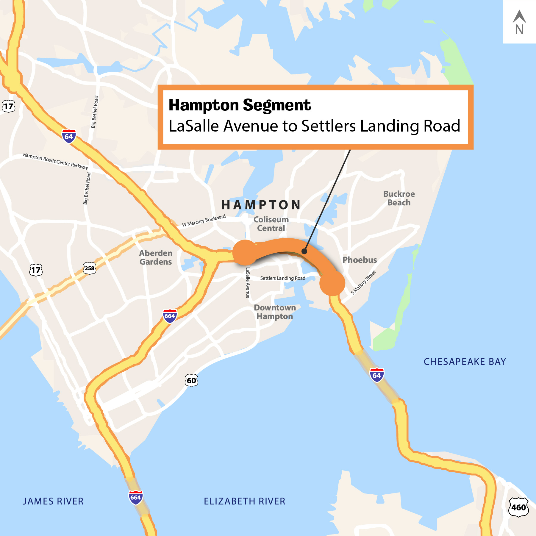 Map showing Segment 4C: Hampton Segment - LaSalle Avenue to Settlers Landing Road