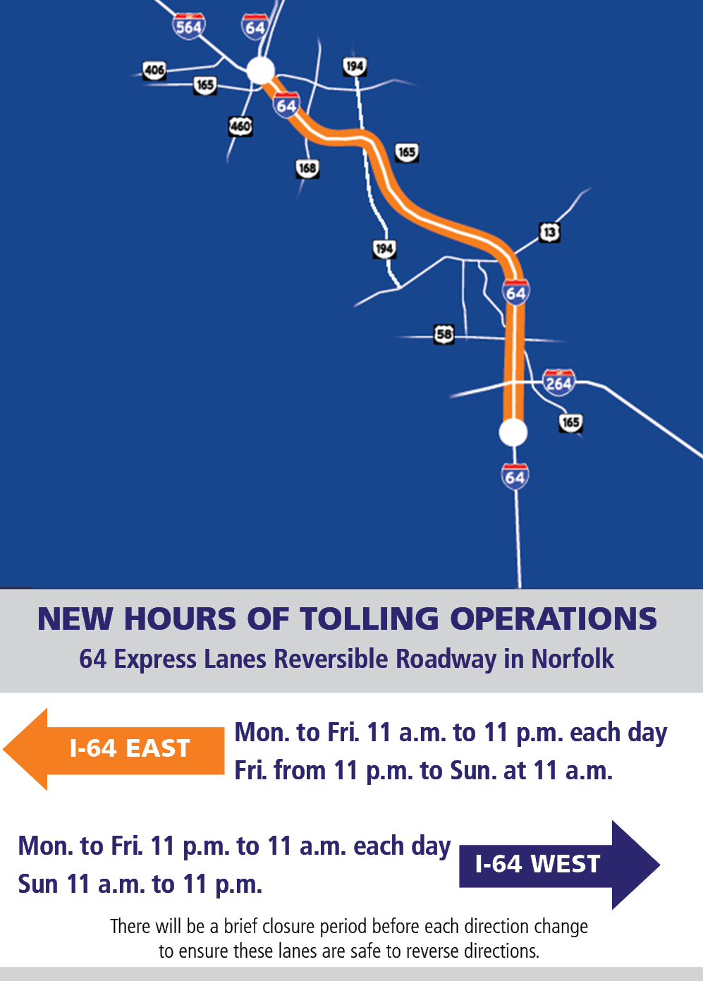 New Hours of Tolling Operations for 64 Express Lanes Reversible Roadway in Norfolk